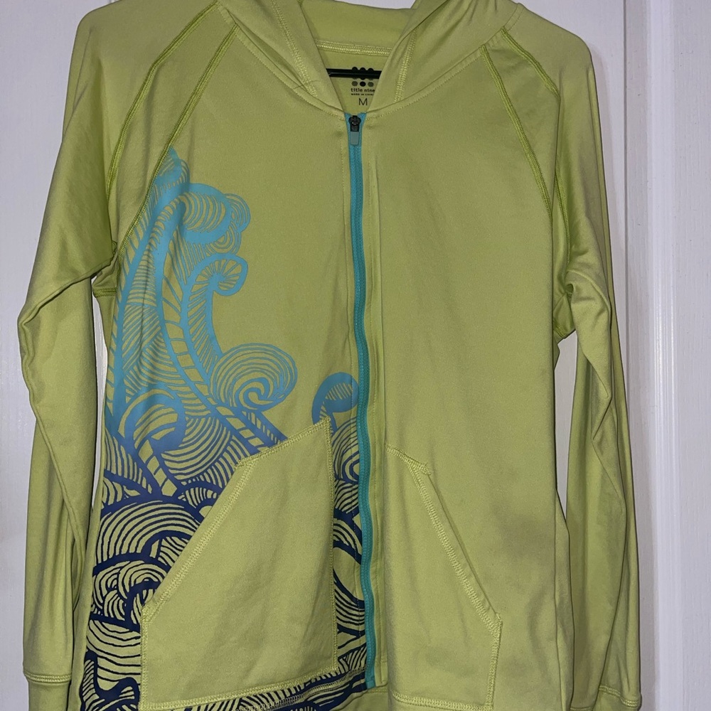 Lime Green Hoodie with Blue Wave Design